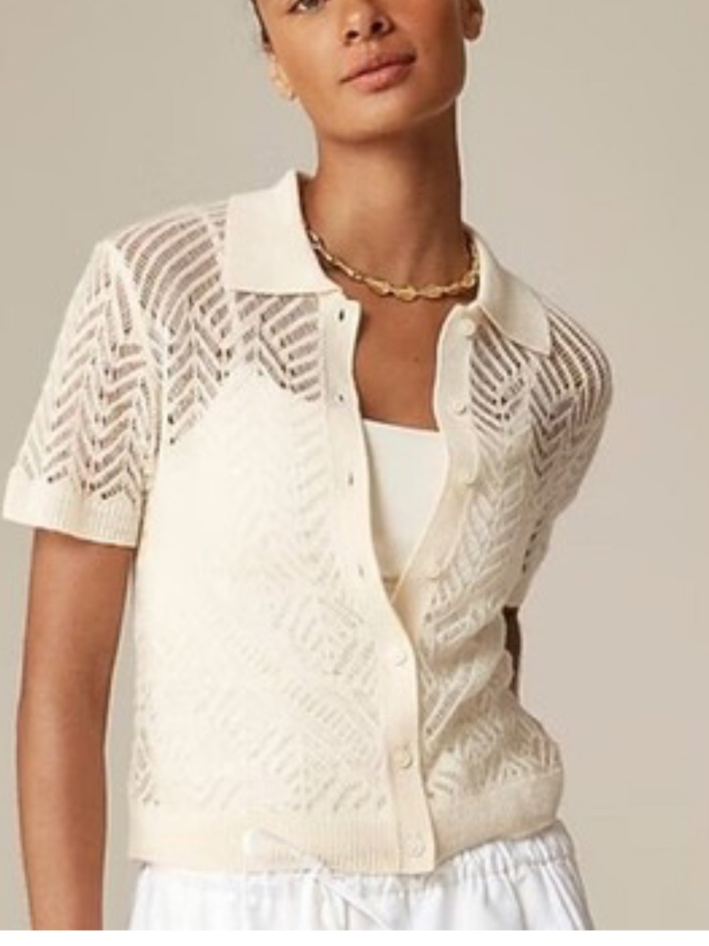 J. Crew Cream Openwork Button-Up Short Sleeve Cashmere Cardigan